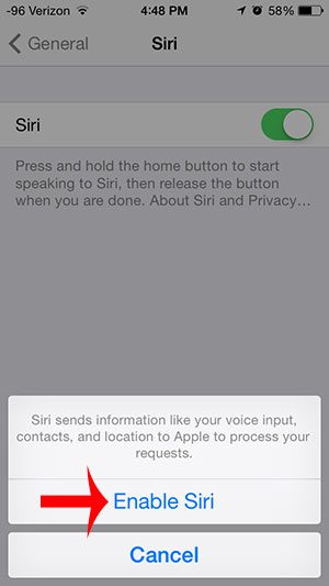 touch the enable siri button
