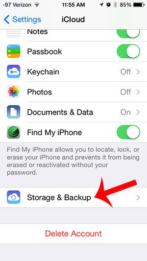 touch the storage and backup button