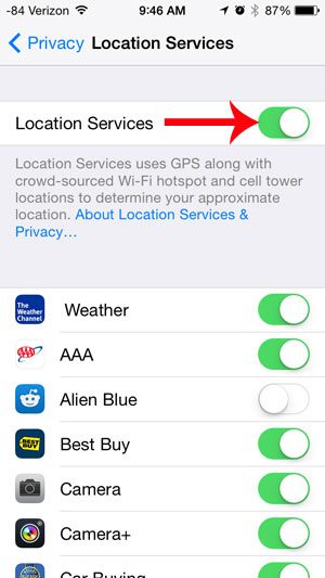 tap the location services button at the top of the screen