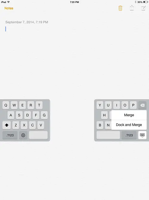 tap and hold keyboard, then select dock and merge