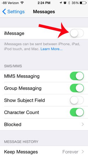 turn off the imessage option