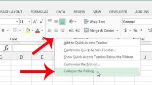 minimize the ribbon in excel 2013