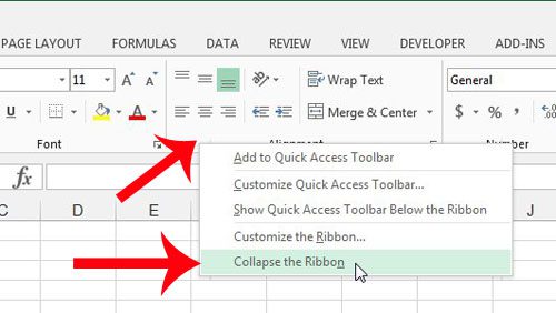 minimize the ribbon in excel 2013