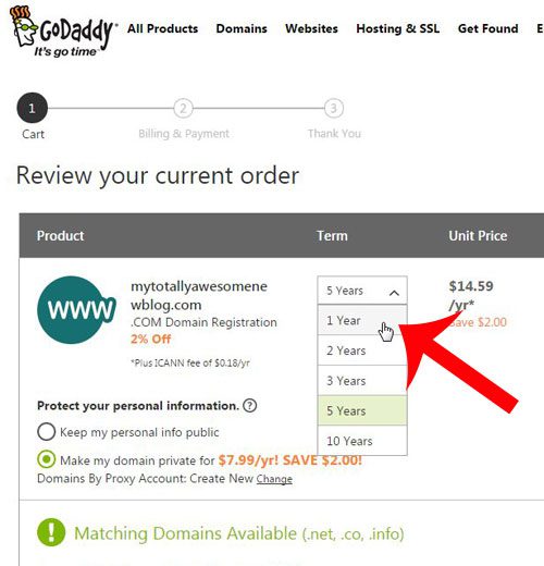 select the number of years to purchase the domain