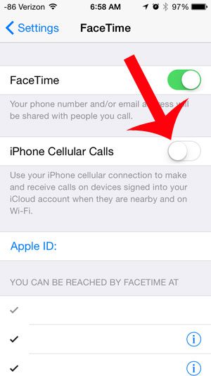 turn off the iphone cellular calls option
