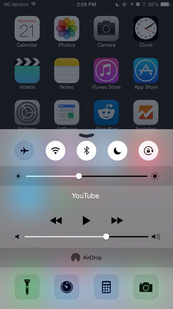swipe up from the bottom of the screen for the control center