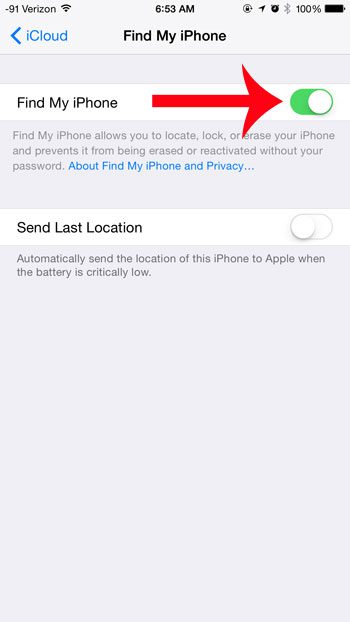 tap the button to the right of find my iphone
