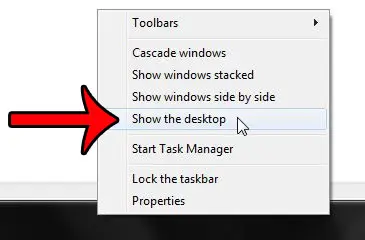 right-click taskbar, show the desktop