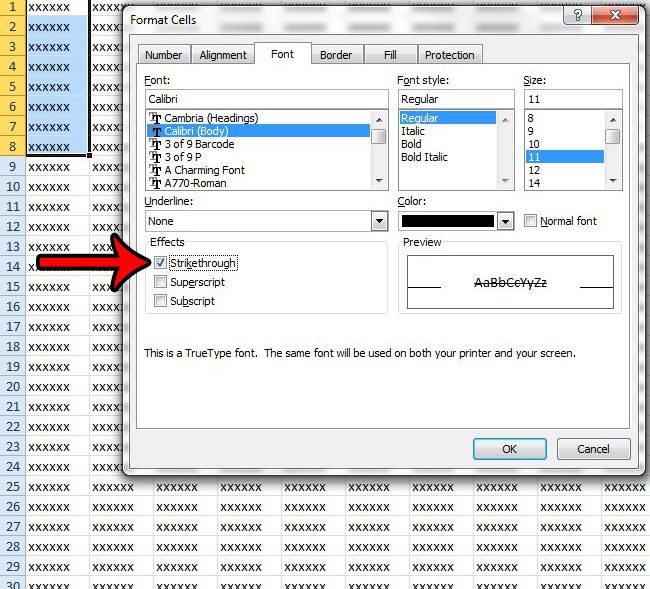 how to strikethrough in Excel 2010