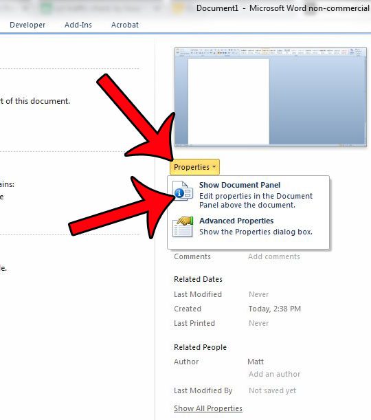 click properties, then show document panel