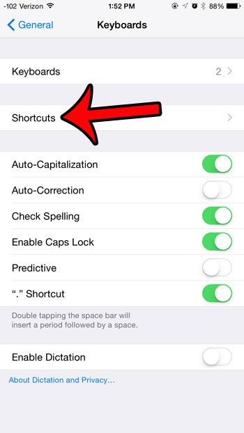 select the shortcuts option