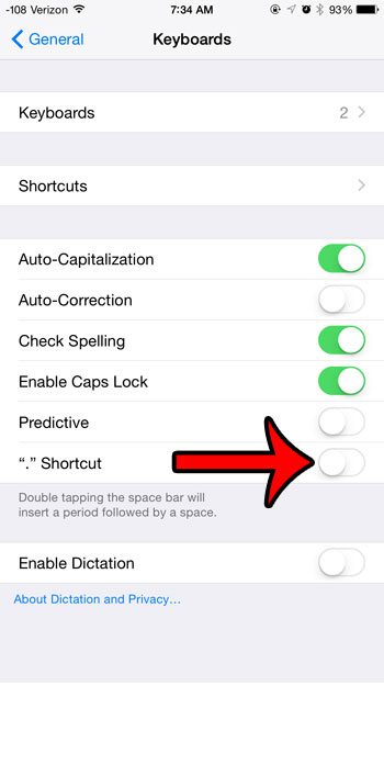 how to turn off the iPhone double space period shortcut
