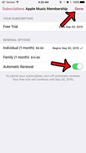 configure automatic renewal, then tap done