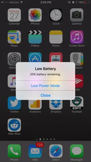 iphone low power mode pop up