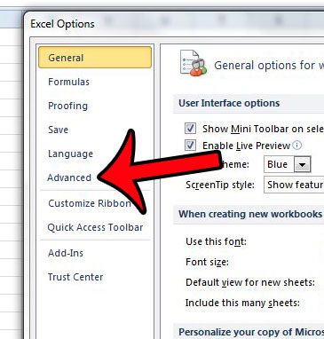click advanced in the excel options window