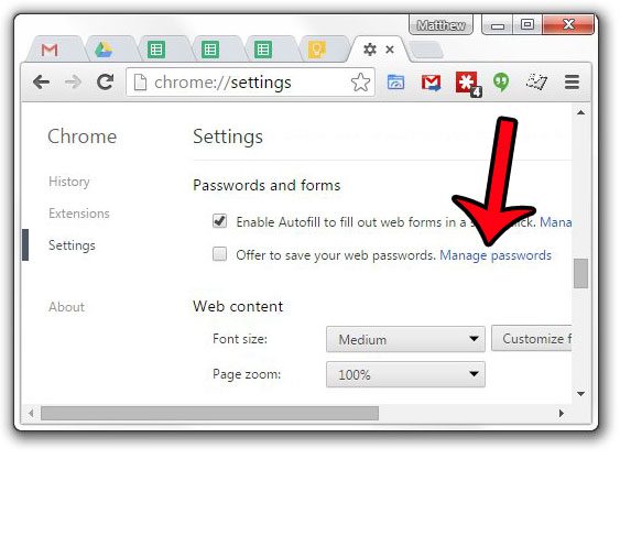 click manage password link in google chrome settings menu