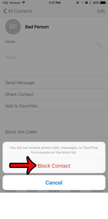 tap the block contact button