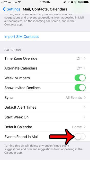 turn off the events found in mail option