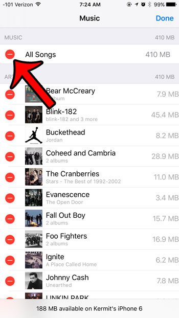 tap the red circle next to all music