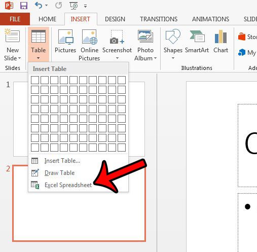 insert blank spreadsheet in powerpoint 2013