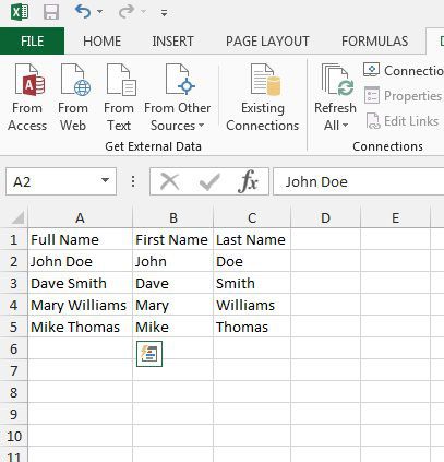 split a full name into two cells in excel 2013