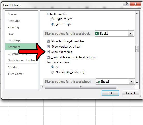 how to show sheet tabs in excel 2013