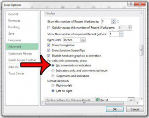 how to hide comments and indicators in excel 2013