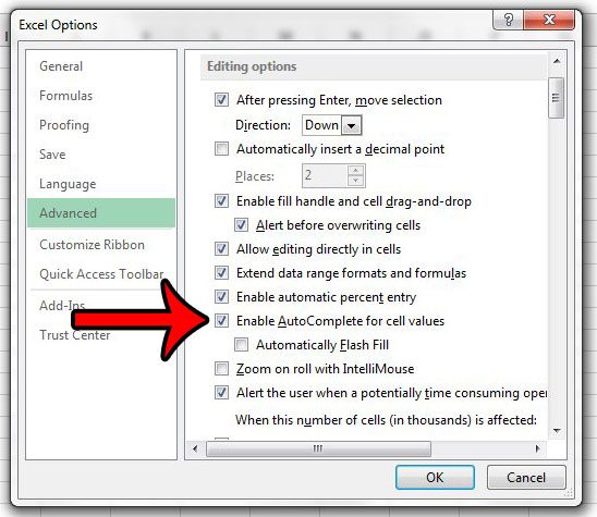 enable autocomplete in excel 2013