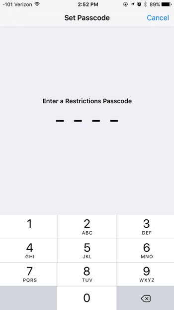 create restrictions passcode