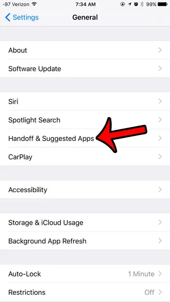 open the handoff and suggested apps menu