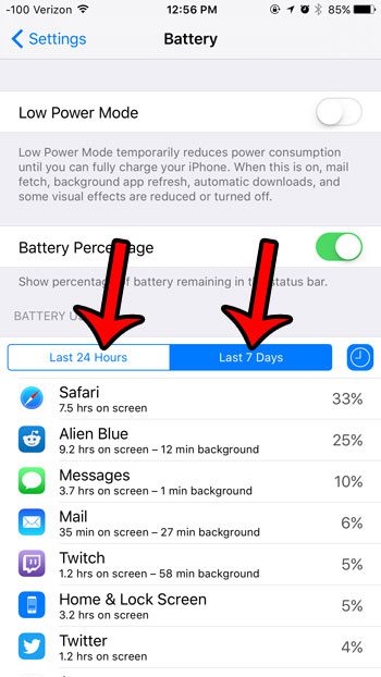 toggle between time periods of battery usage