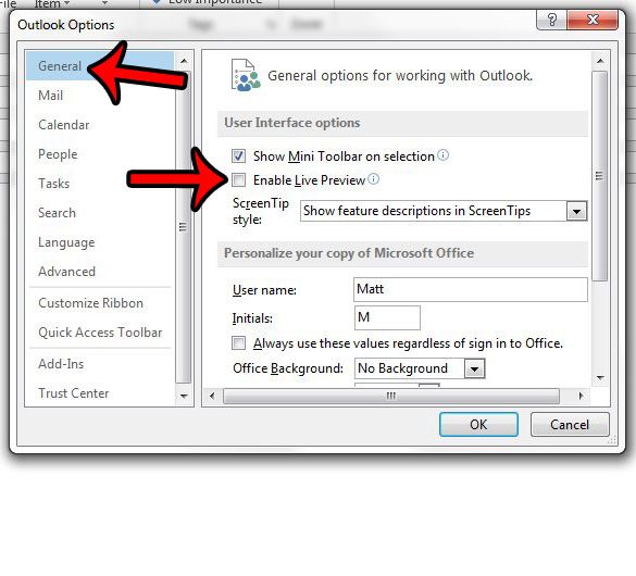 disable live preview in outlook 2013