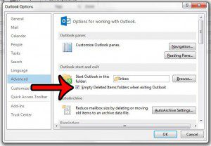 empty deleted items folder on exit in outlook 2013