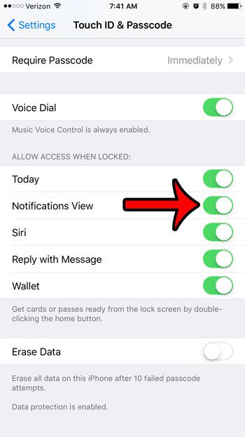 enable notification center on iphone lock screen