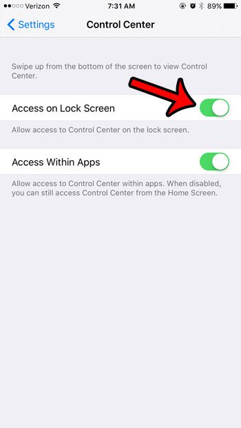 access control center from lock screen