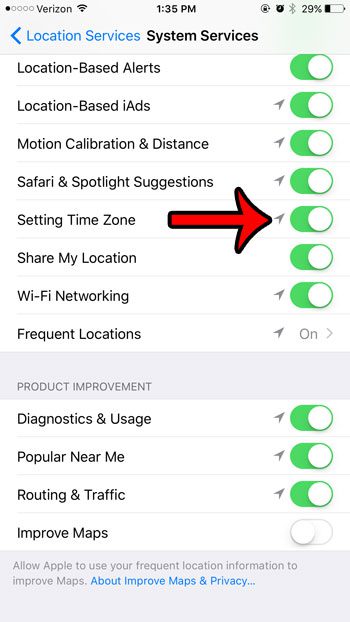 setting time zone on location services menu