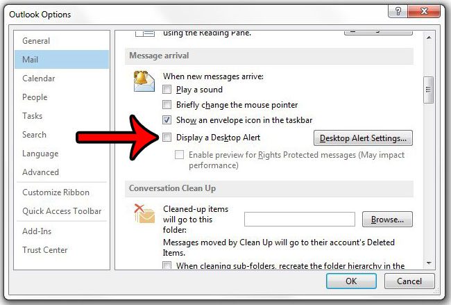 how to disable the blue outlook notification box