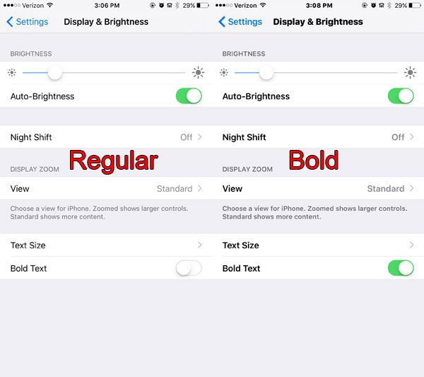 comparison of regular and bold iPhone text