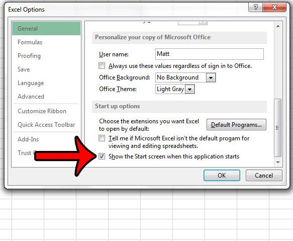 disable start screen in excel 2013