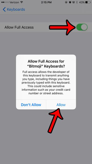 allow full access for bitmoji keyboard