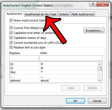 click autoformat as you type tab