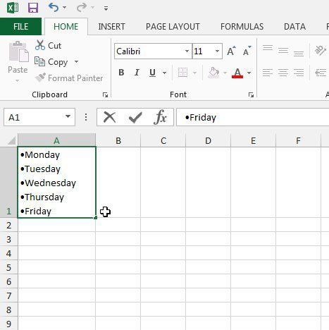 how to put a bulleted or numbered list in Excel cell