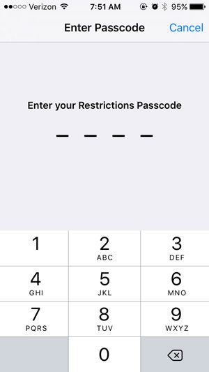 restrictions menu passcode