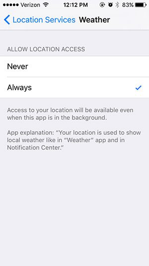 enable or disable location services for iphone weather app
