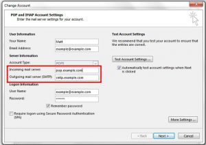 fix server settings in Outlook 2013