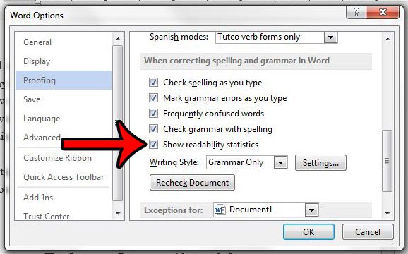 show readability statistics in word 2013 by spelling and grammar checker