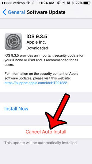 cancel the automatic install of the ios udpate