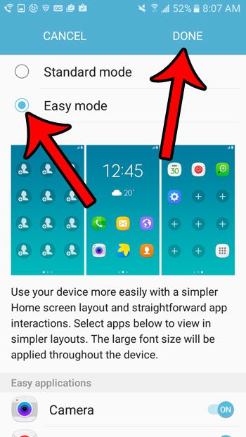 how to turn on easy mode on the galaxy on5