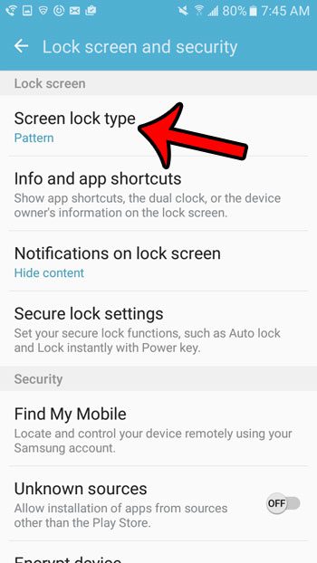 select the Screen lock type option