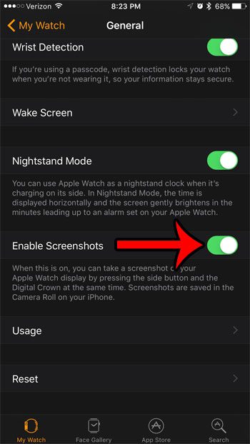 how to enable screenshots on the Apple Watch